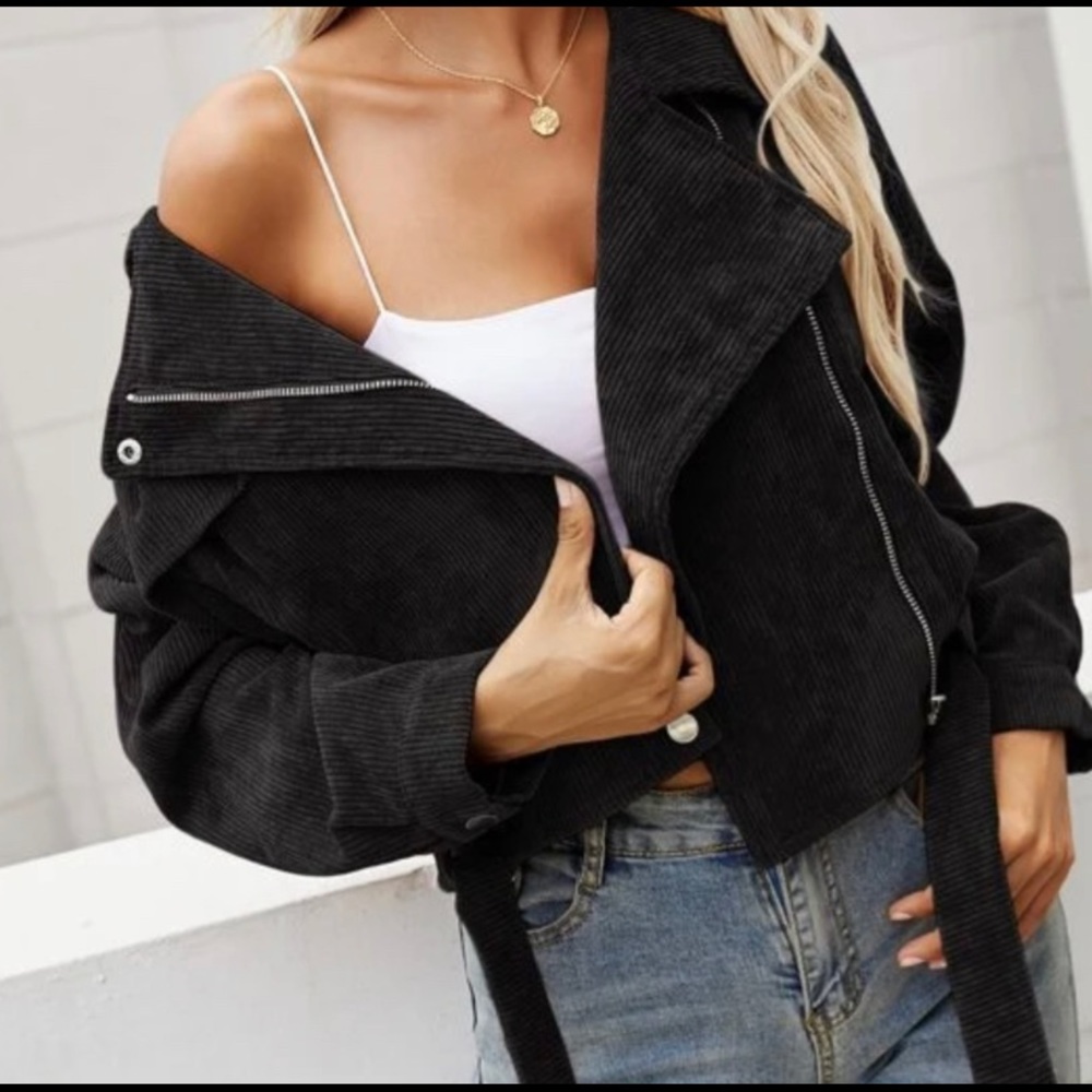 Black Corduroy Moto Biker Zipper Jacket Shacket - Picture 5 of 9